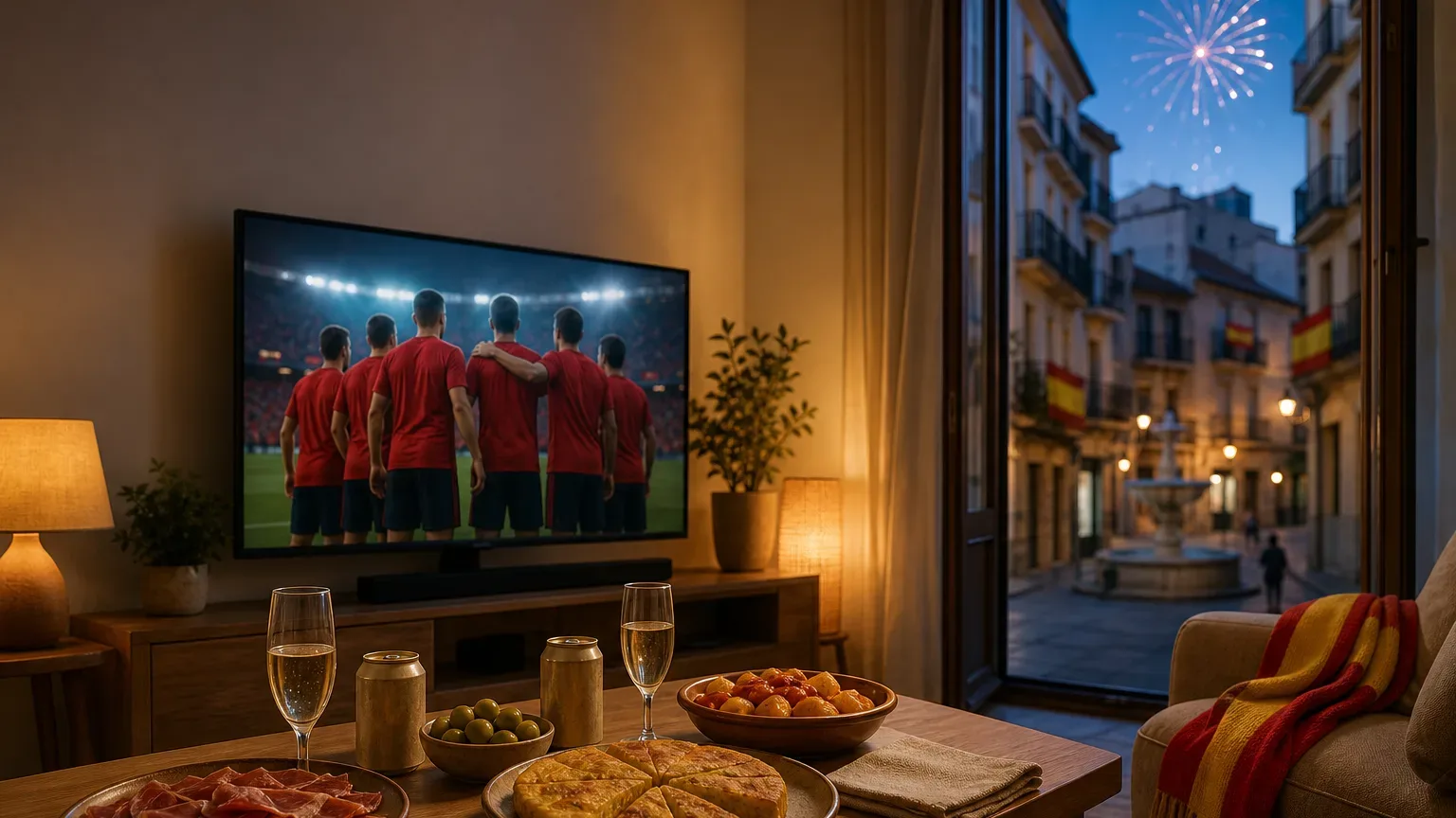 Sala espanhola com torcedores de vermelho, mesa com tapas e bandeiras da Espanha durante a final da Copa